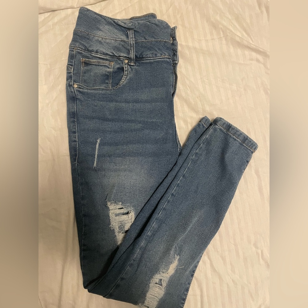 Stylish Blue Distressed Skinny Jeans high‎ waisted
